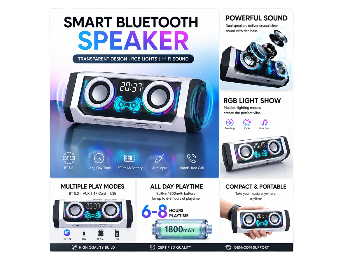 V18 Bluetooth Speaker with RGB Lights and Clock Display